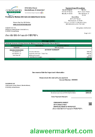 USA Iowa Consumers Energy business utility bill template in Word and PDF formats